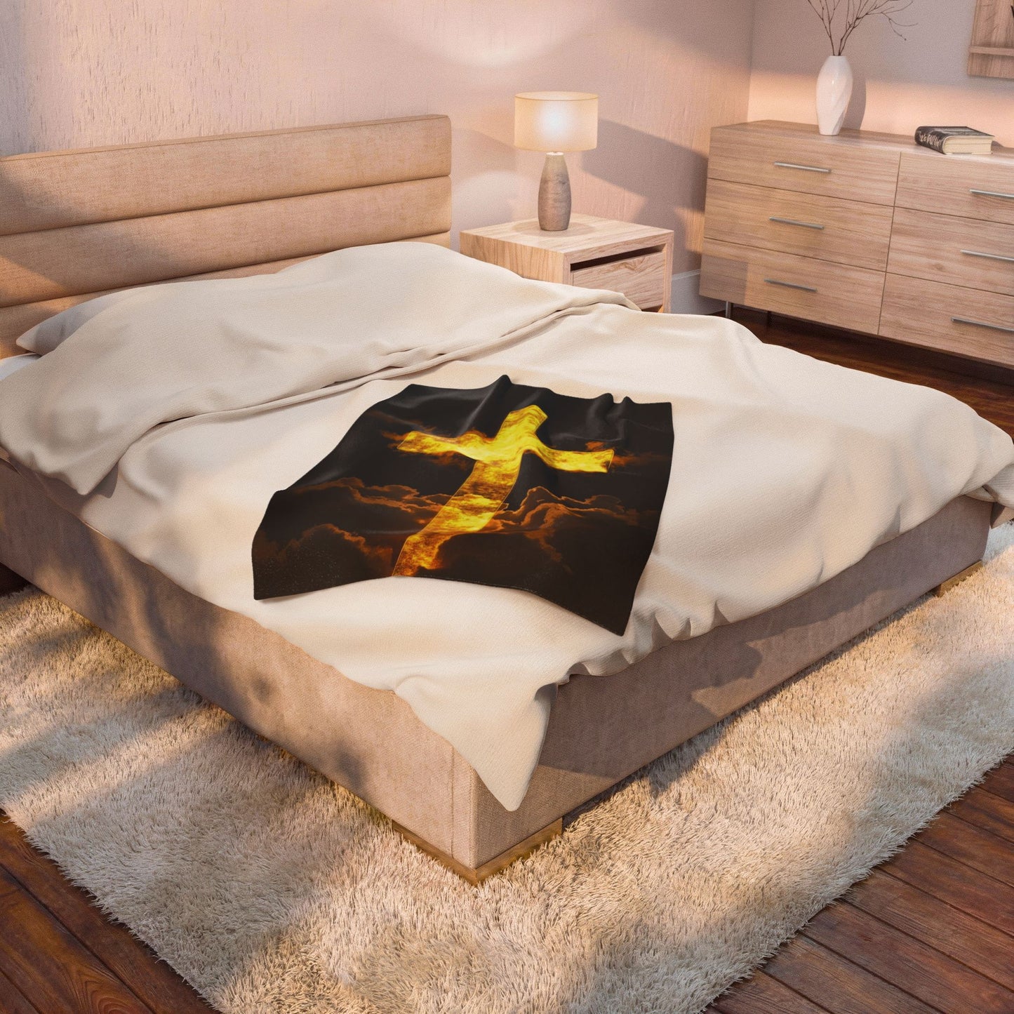 Golden Flaming Cross Velveteen Plush Blanket — Inspirational Christian Throw