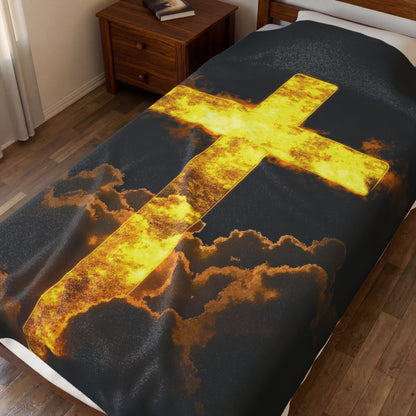 Golden Flaming Cross Velveteen Plush Blanket — Inspirational Christian Throw