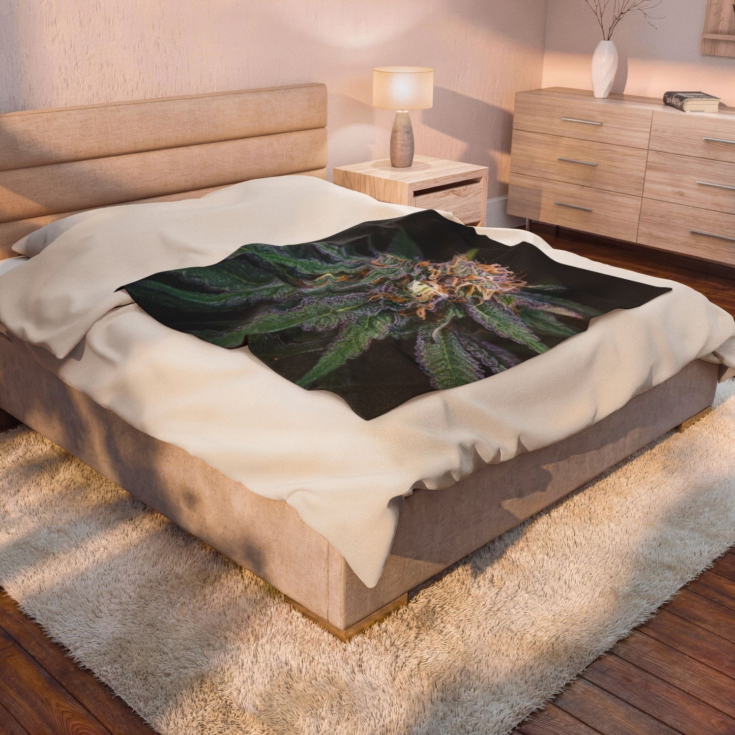 Cannabis inspired Plush Blanket – Soft Velveteen Throw for Stoners "GRANDADDY PURP" perfect holiday gift for stoners. warm blanket with cannabis design