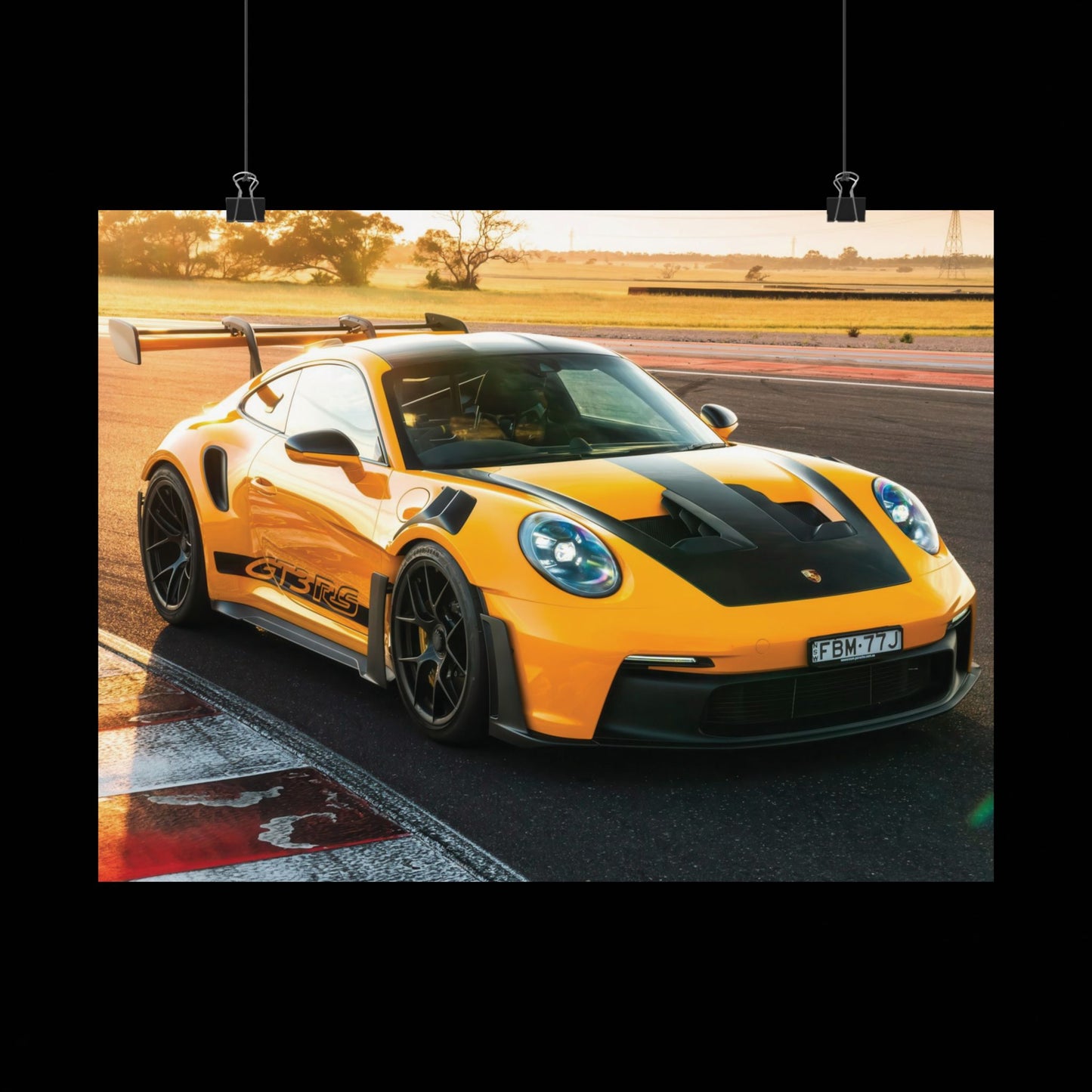 Porsche 911 GT3 RS Sports Car Poster — Yellow Porsche GT3 Track Poster (Matte Horizontal)