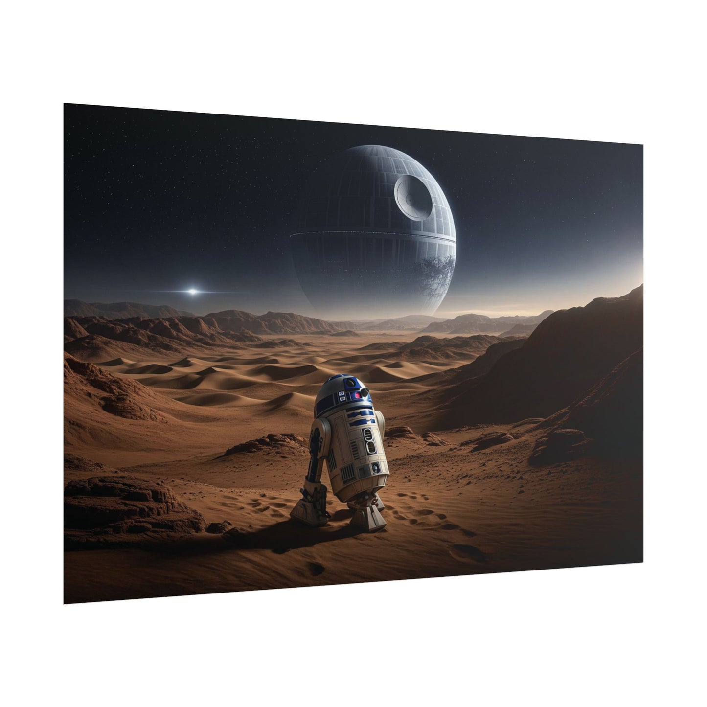 Star Wars Desert Poster — R2-D2 Landscape with Distant Death Star ship