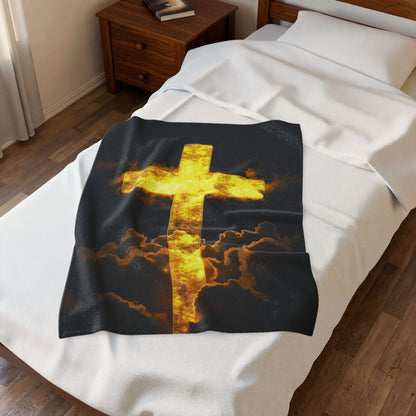 Golden Flaming Cross Velveteen Plush Blanket — Inspirational Christian Throw