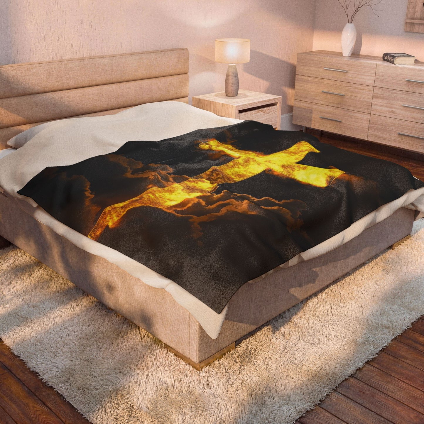 Golden Flaming Cross Velveteen Plush Blanket — Inspirational Christian Throw
