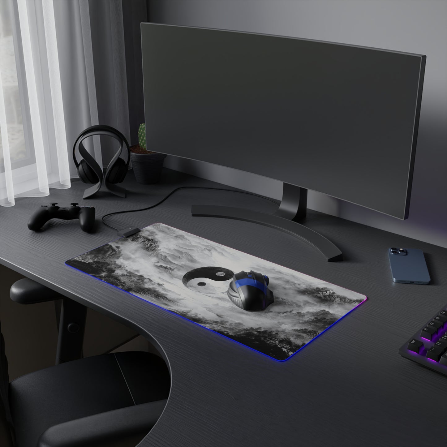 Yin Yang LED Gaming Mouse Pad — RGB Oversized Desk Mat with Tranquil Ink Landscape