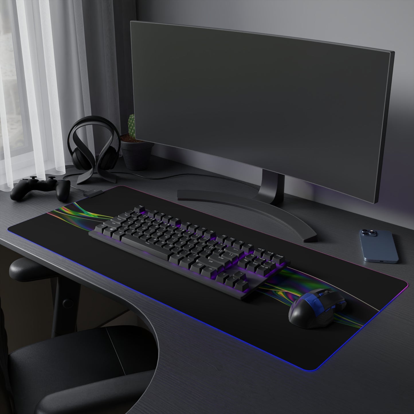 RGB LED Gaming Mouse Pad — Sleek Black with Color Wave Design