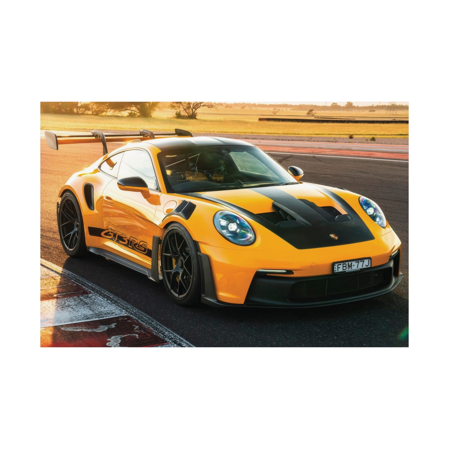Porsche 911 GT3 RS Sports Car Poster — Yellow Porsche GT3 Track Poster (Matte Horizontal)