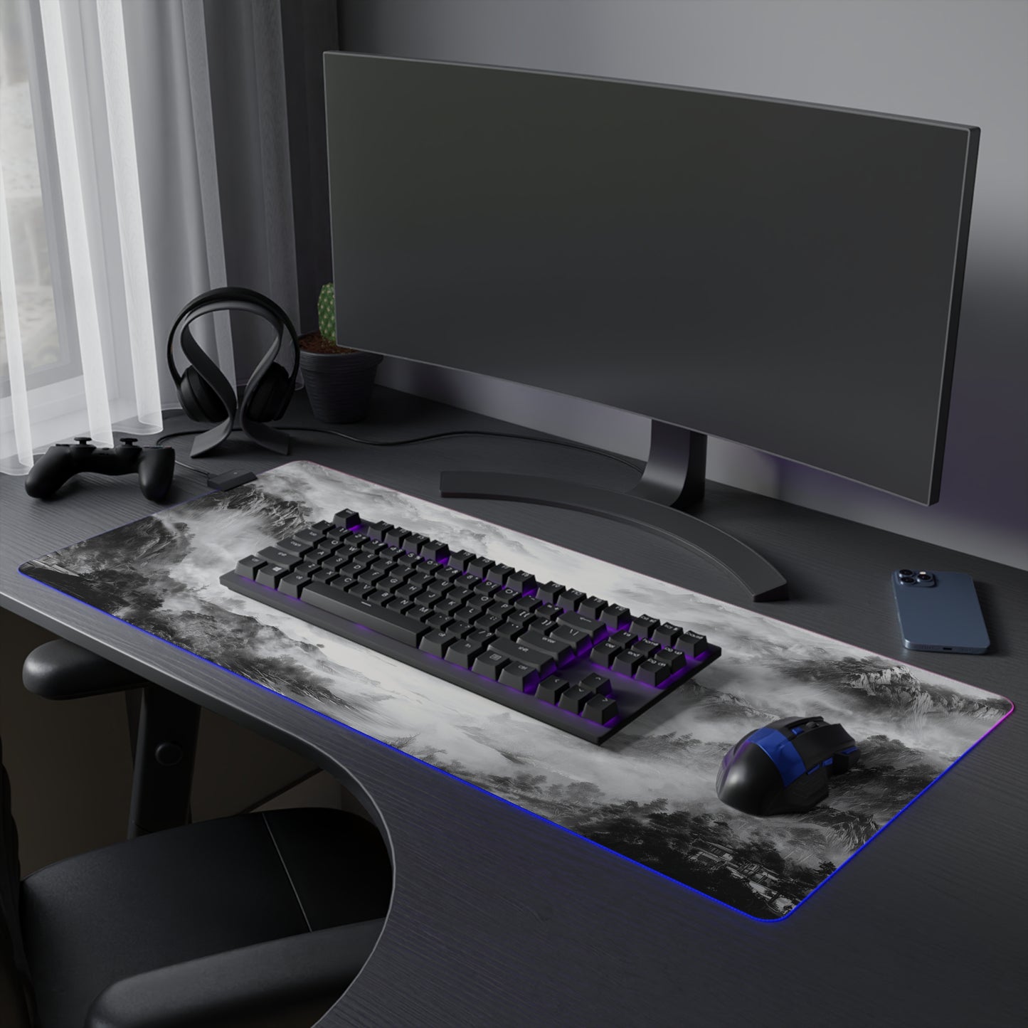 Yin Yang LED Gaming Mouse Pad — RGB Oversized Desk Mat with Tranquil Ink Landscape