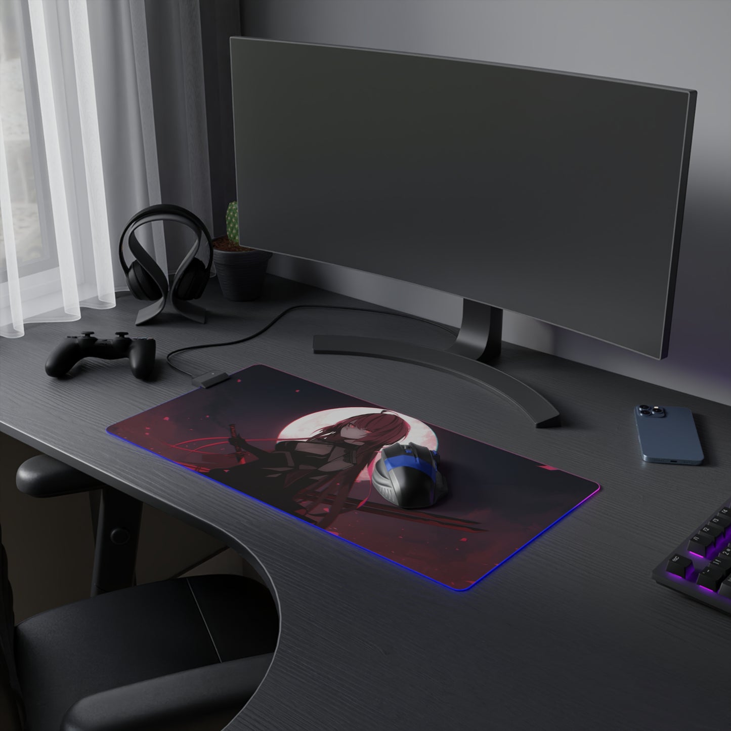 Anime LED Gaming Mouse Pad — Moonlit Swordscape RGB Desk Mat