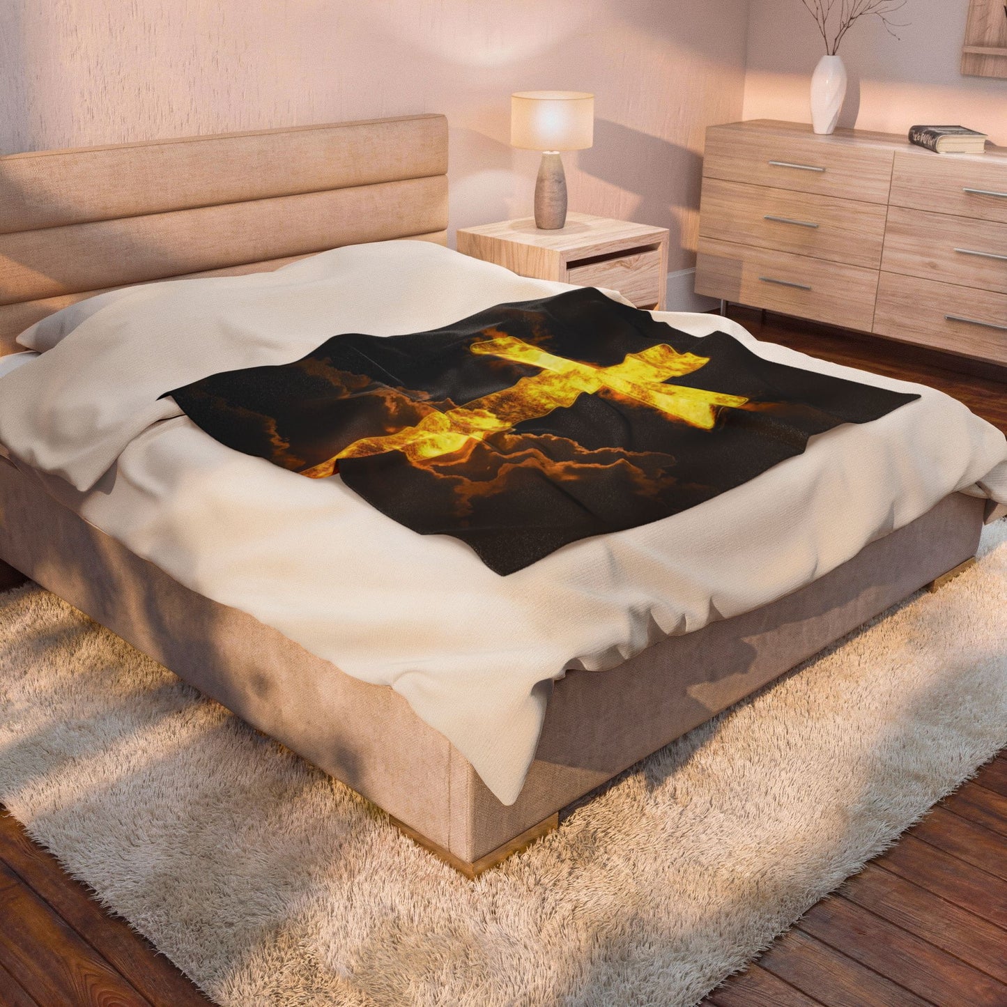 Golden Flaming Cross Velveteen Plush Blanket — Inspirational Christian Throw