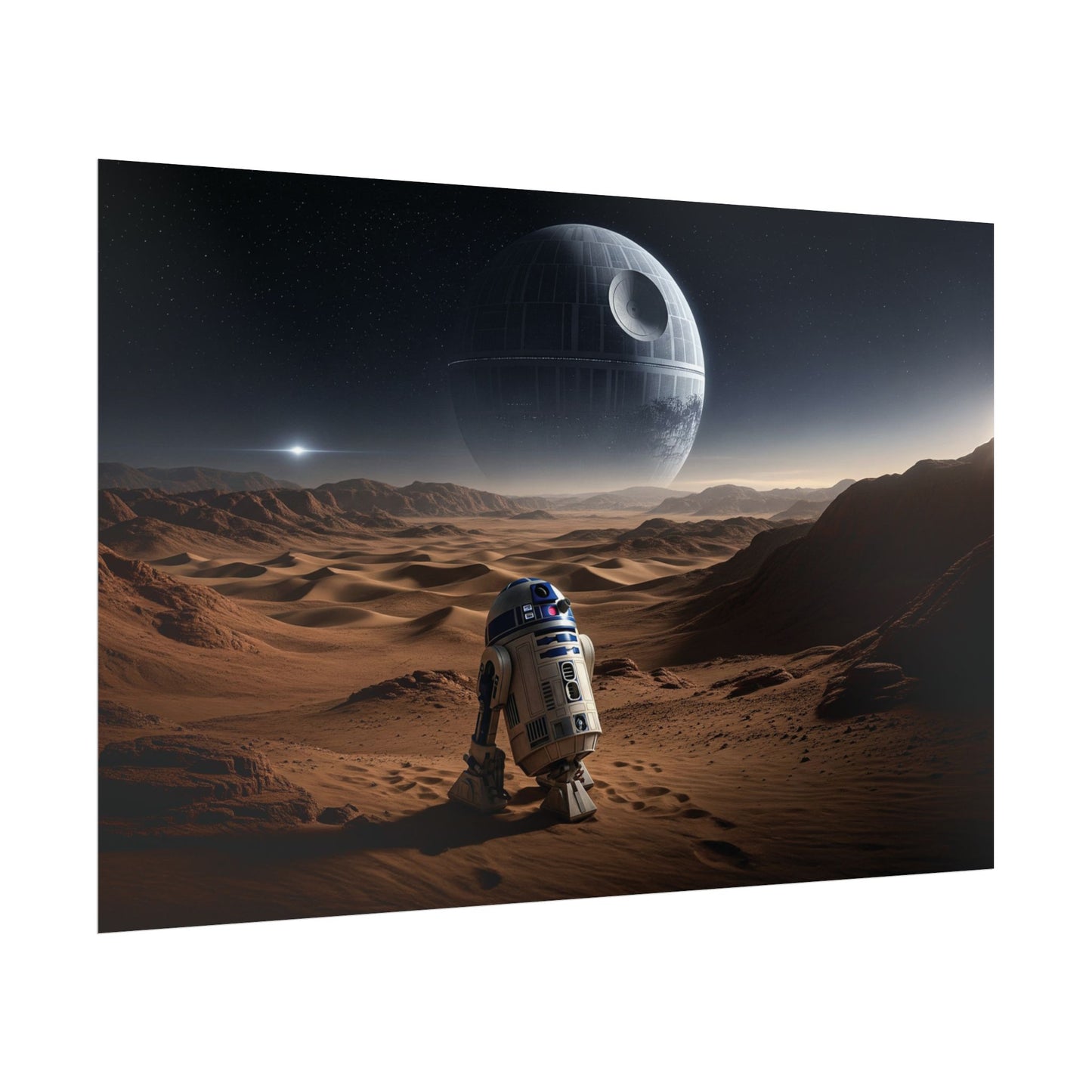 Star Wars Desert Poster — R2-D2 Landscape with Distant Death Star ship