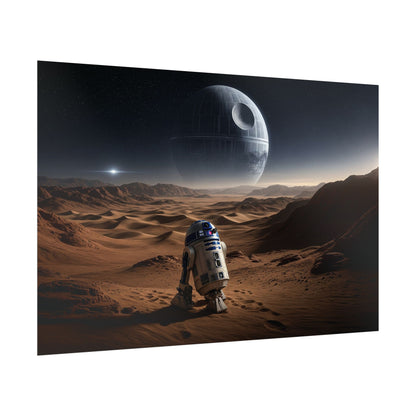 Star Wars Desert Poster — R2-D2 Landscape with Distant Death Star ship
