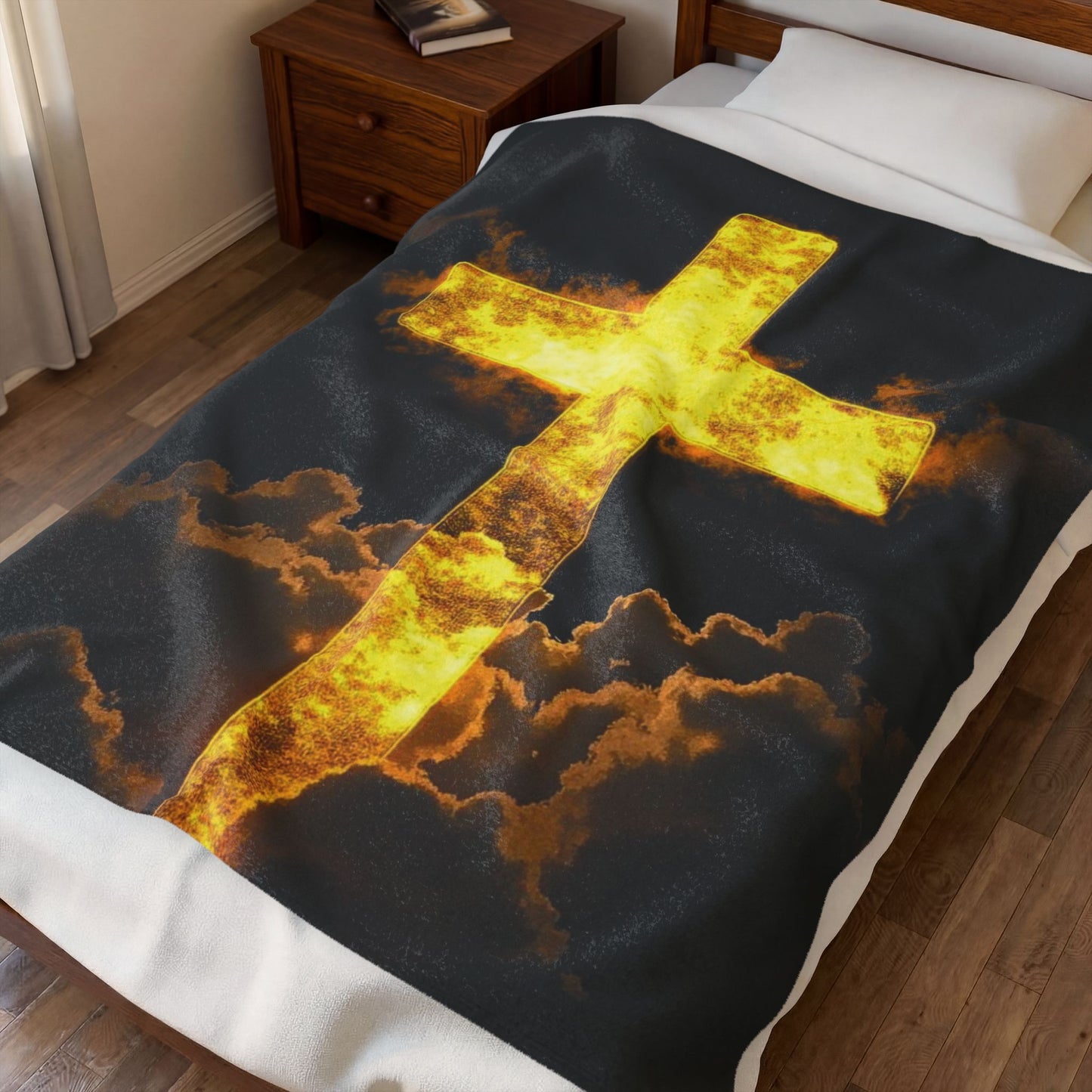 Golden Flaming Cross Velveteen Plush Blanket — Inspirational Christian Throw