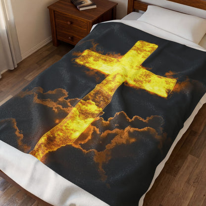 Golden Flaming Cross Velveteen Plush Blanket — Inspirational Christian Throw
