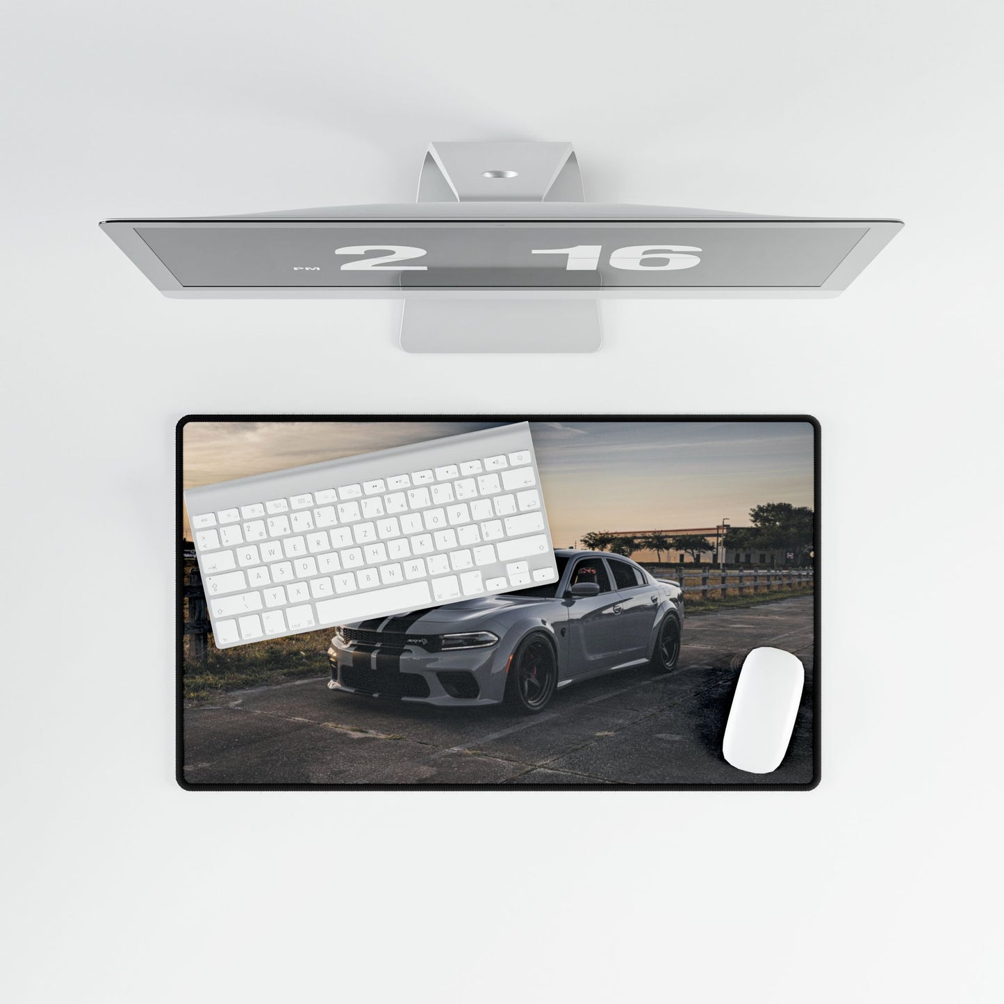 Dodge Charger srt Hellcat widebody inspired  Sunset Desk Mat — Racing Muscle Car Mouse Pad for Gamers & Auto Enthusiasts