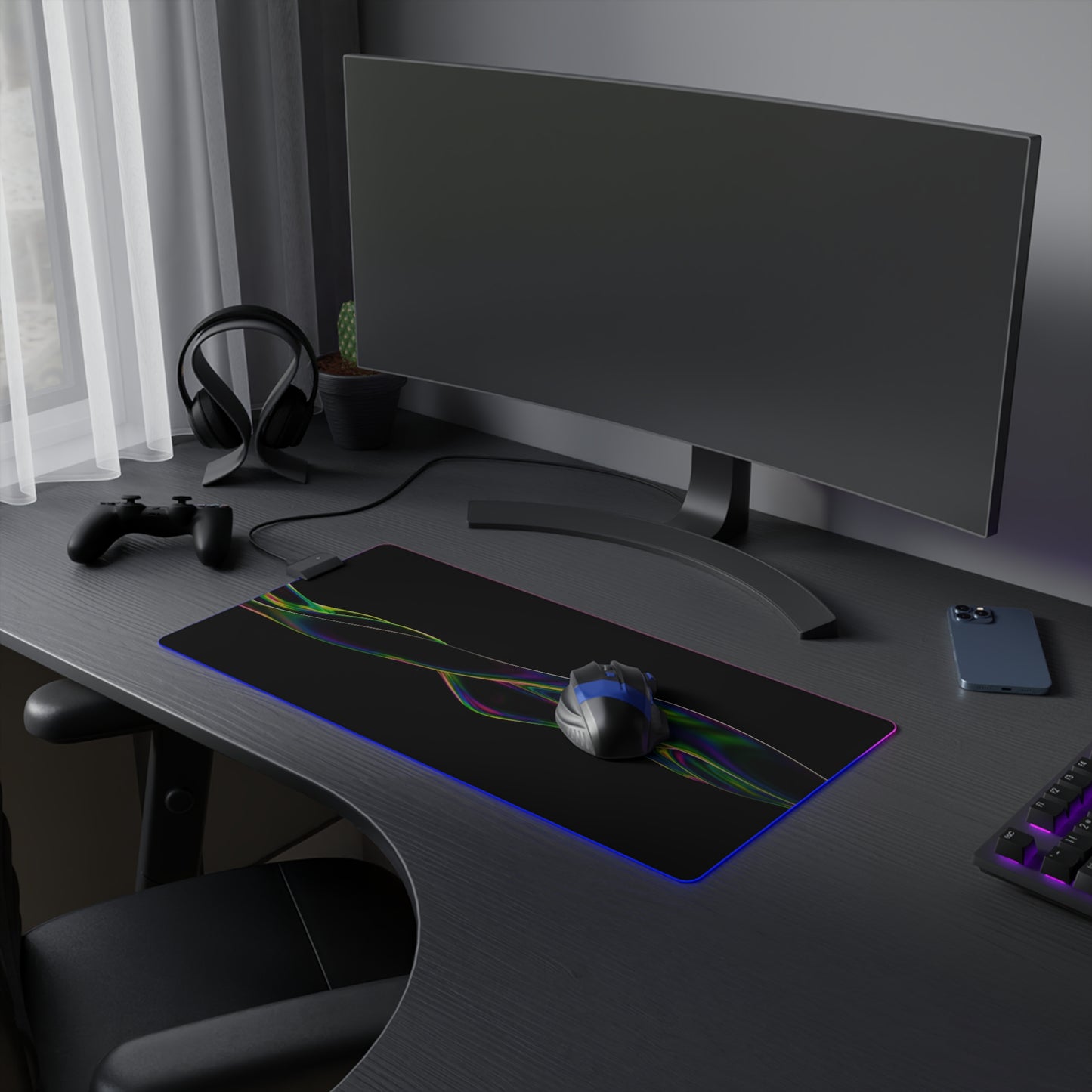 RGB LED Gaming Mouse Pad — Sleek Black with Color Wave Design