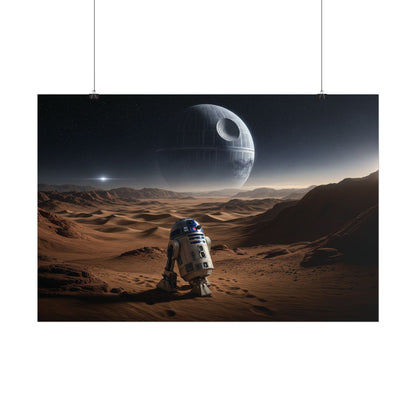 Star Wars Desert Poster — R2-D2 Landscape with Distant Death Star ship