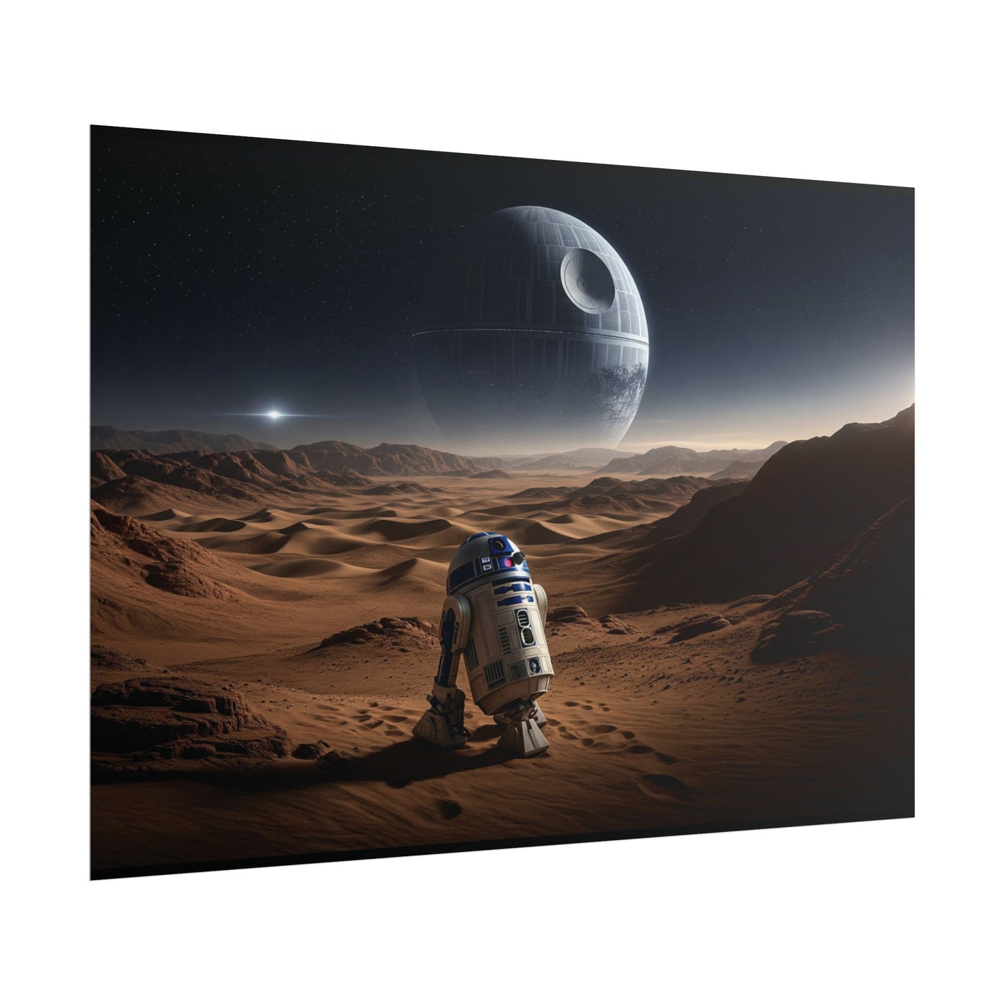 Star Wars Desert Poster — R2-D2 Landscape with Distant Death Star ship