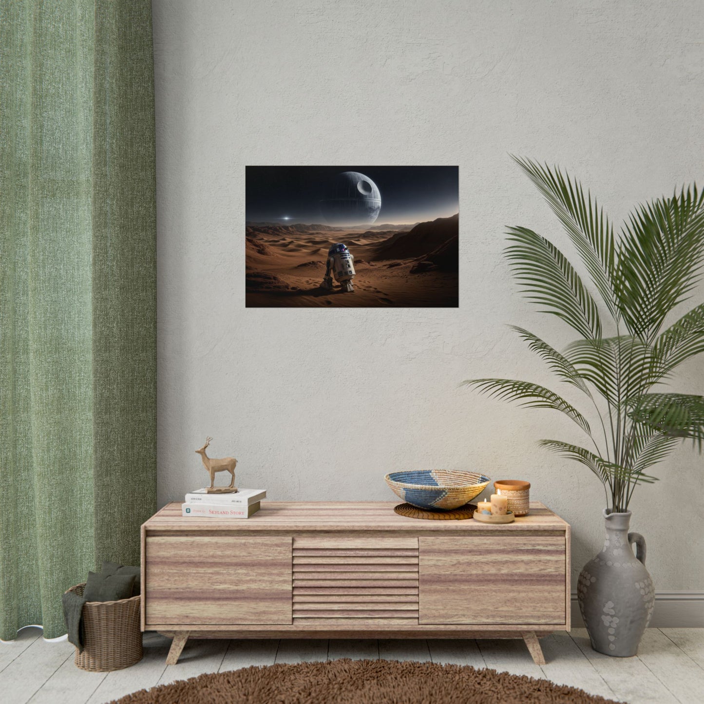 Star Wars Desert Poster — R2-D2 Landscape with Distant Death Star ship